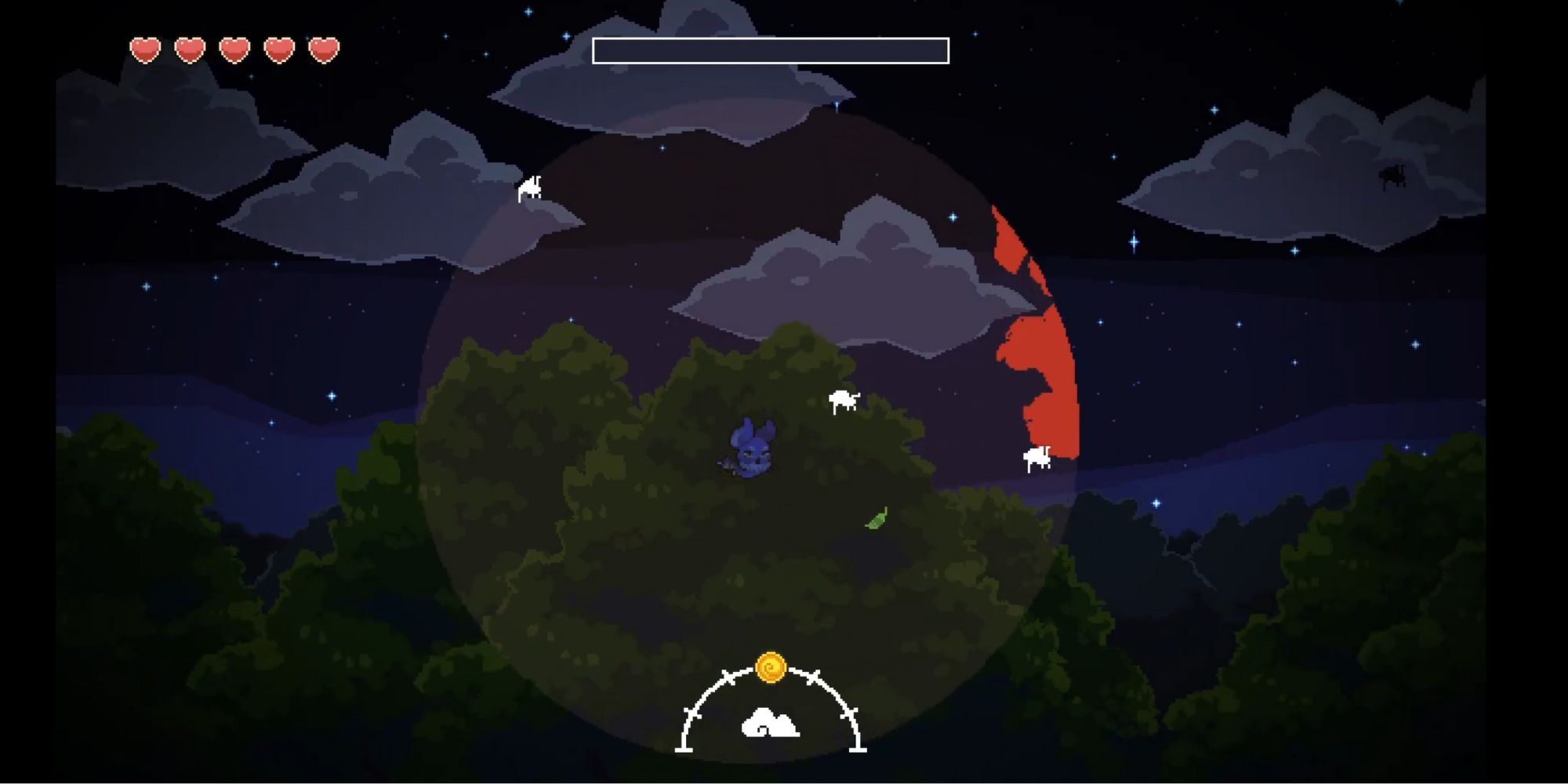 Echolocaution level, player flying using echolocation that shows food and an approaching enemy