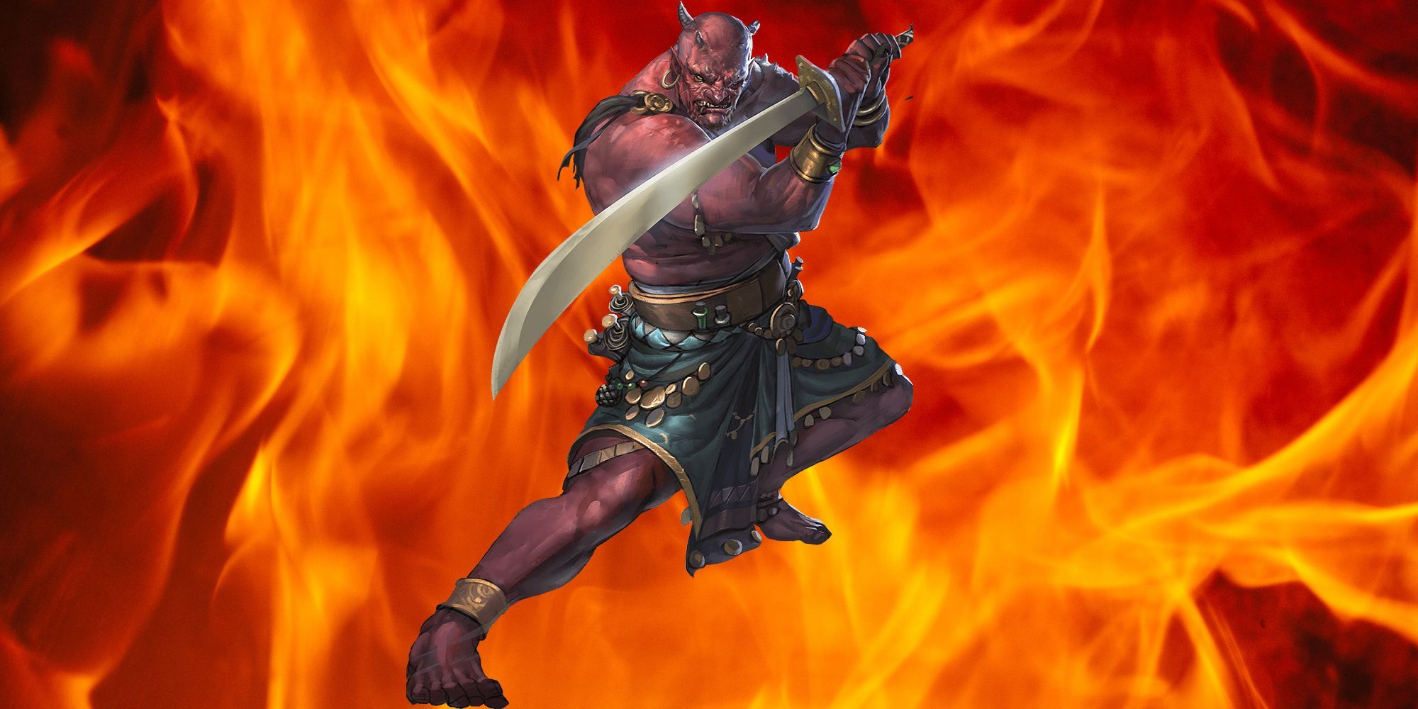 A red-skinned genie with a sword against a fire background