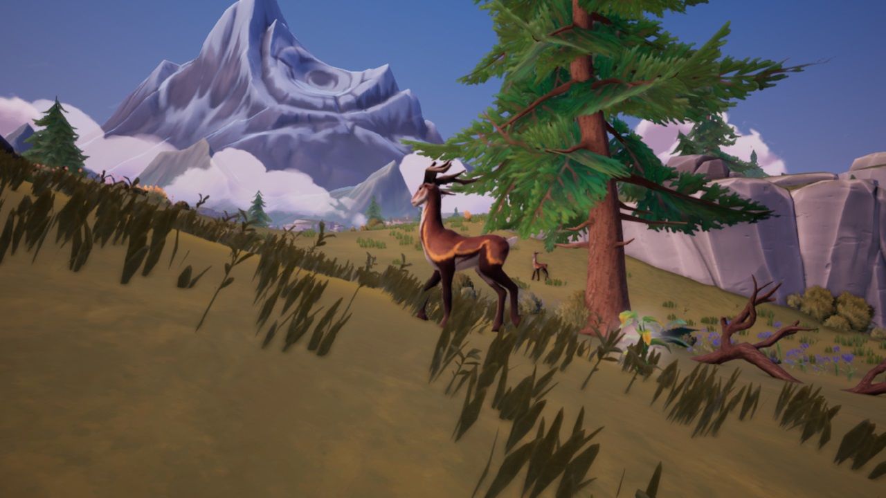 Close-up shot of an Elder Sernuk, a darker brown deer with long horns, walking up a hill in northern Bahari Bay near a Heartwood tree and Sweet Leaf plant in Palia.
