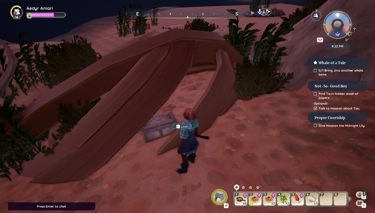 Player character standing next to the second Emberseeker Medallion chest located directly east of Statue Garden by a Juniper tree in Palia.