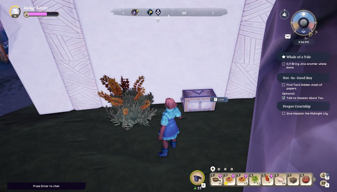 Player character standing next to an chest on a cliff beneath the broken white bridge in Lighthouse Lagoon in Bahari Bay in Palia. 