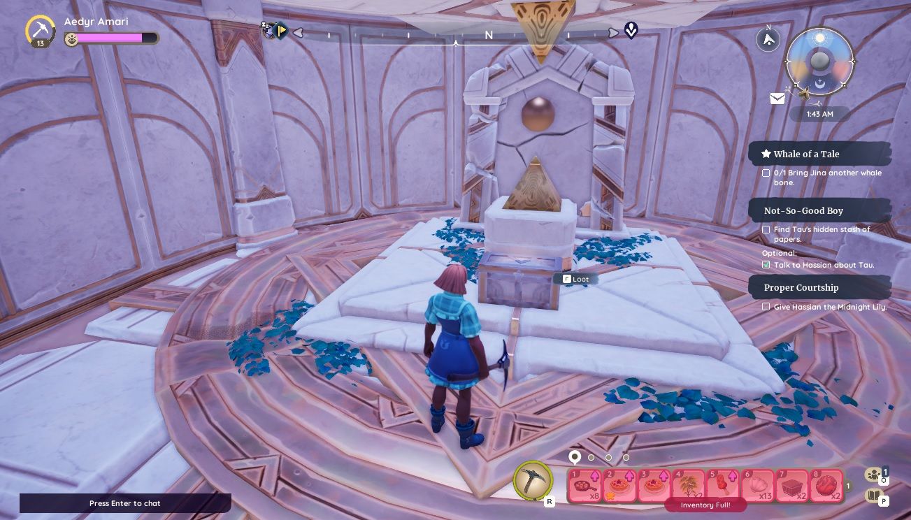 Player character standing in an underground shrine in southern Bahari Bay next to an ancient chest in Palia.