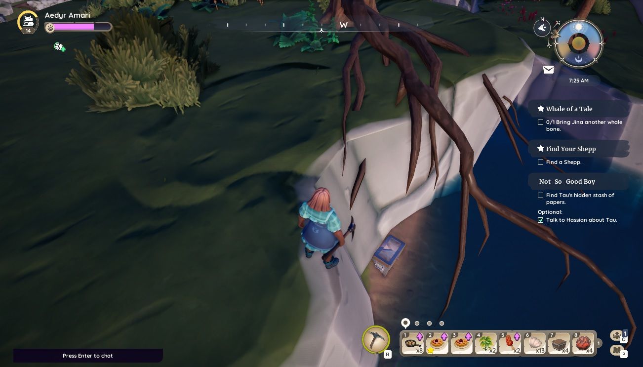 Player character standing above a chest sitting by the water beneath some exposed tree roots on the cliffs east of Tamala's House in Palia.