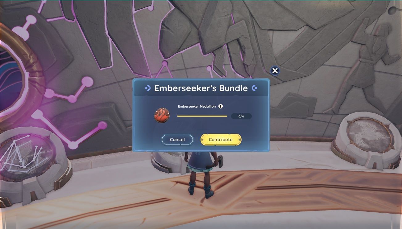 Player character standing at the Vault of the Flames bundle deposit in the Night Sky Temple and contributing all six Emberseeker Medallions in Palia.