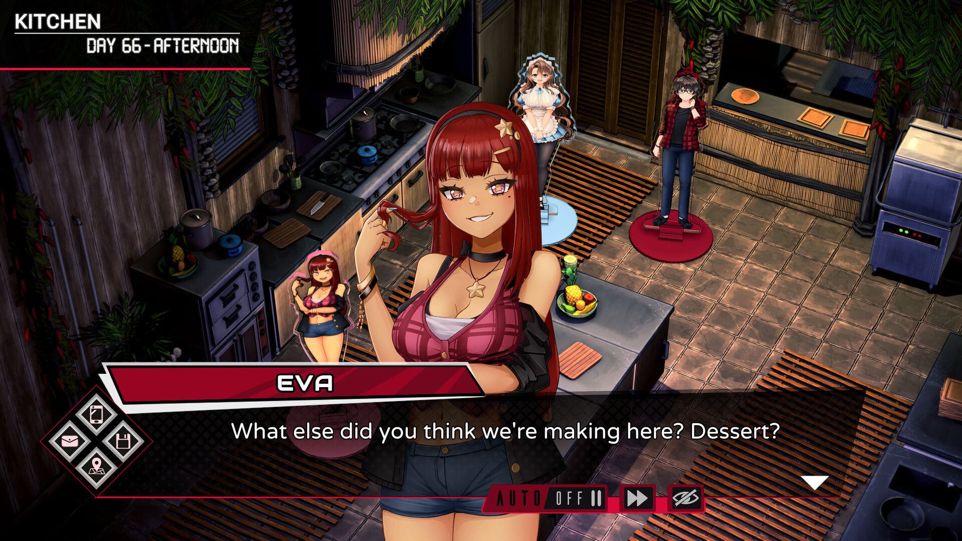 Eva talking to the protagonist in Inescapable while the characters are stood in the kitchen.