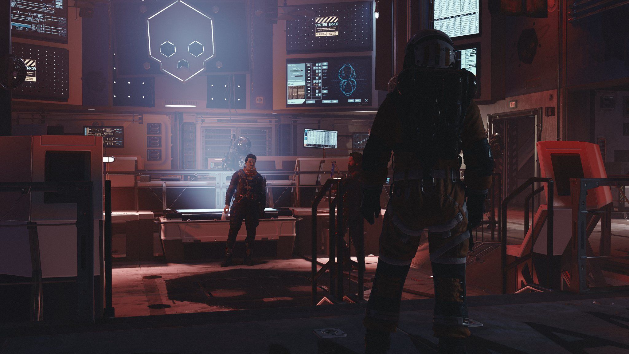 Starfield Crimson Fleet leader meeting the player in the command room