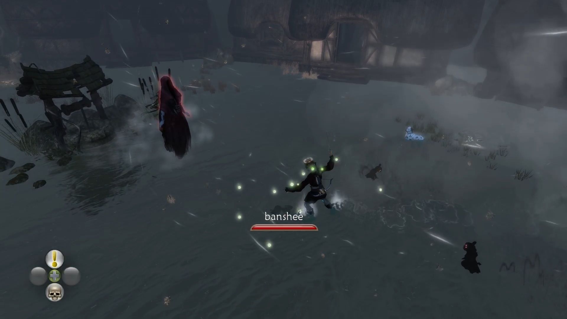 A banshee in Fable 2. The banshee fights the player character, a Hero, in a place called The Drowned Farm. The place looks long abandoned and haunted. 