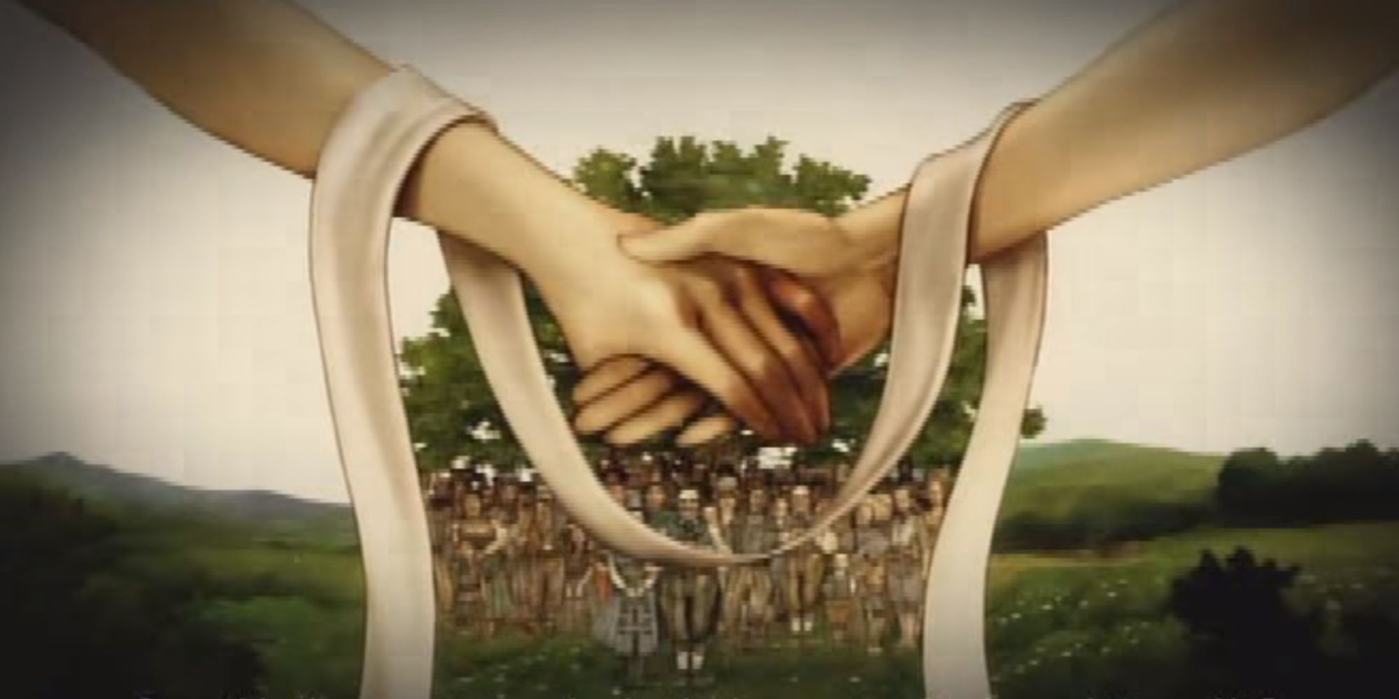Artwork from Fable 2, showing the player getting married. The art shows two people hand in hand as a crowd of villagers watch over them