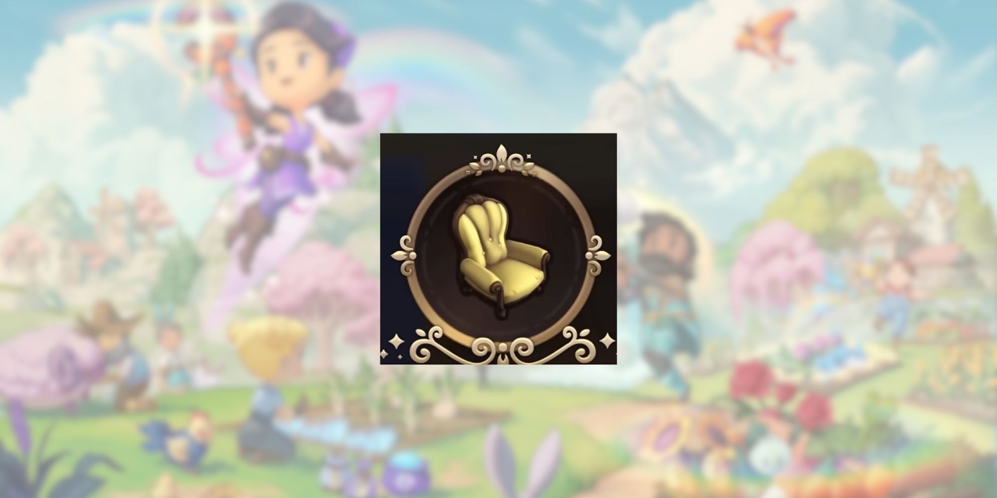 Fae Farm Armchair in front of blurred title art