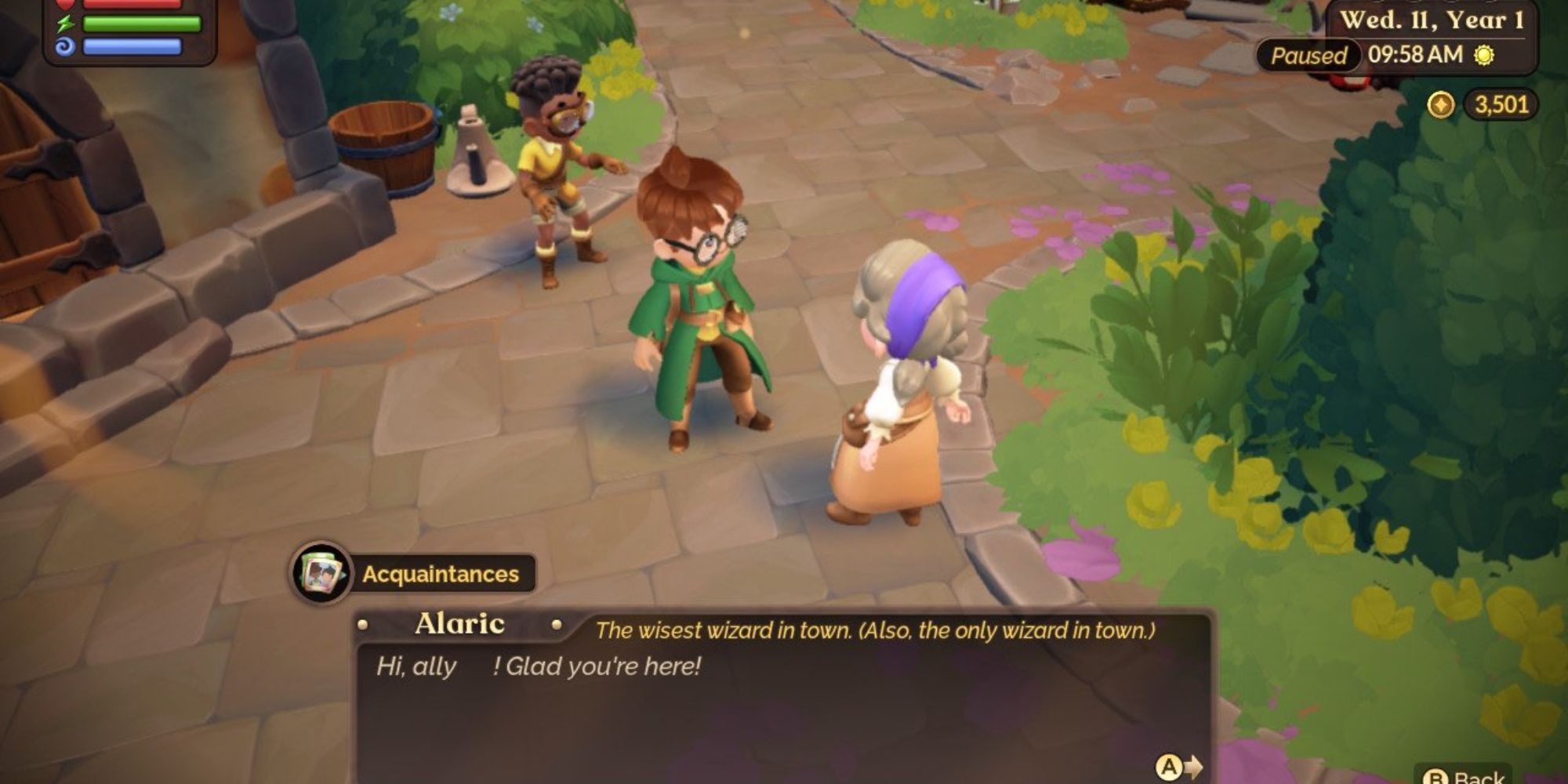 Fae Farm player speaking to Alaric on the stone pathway