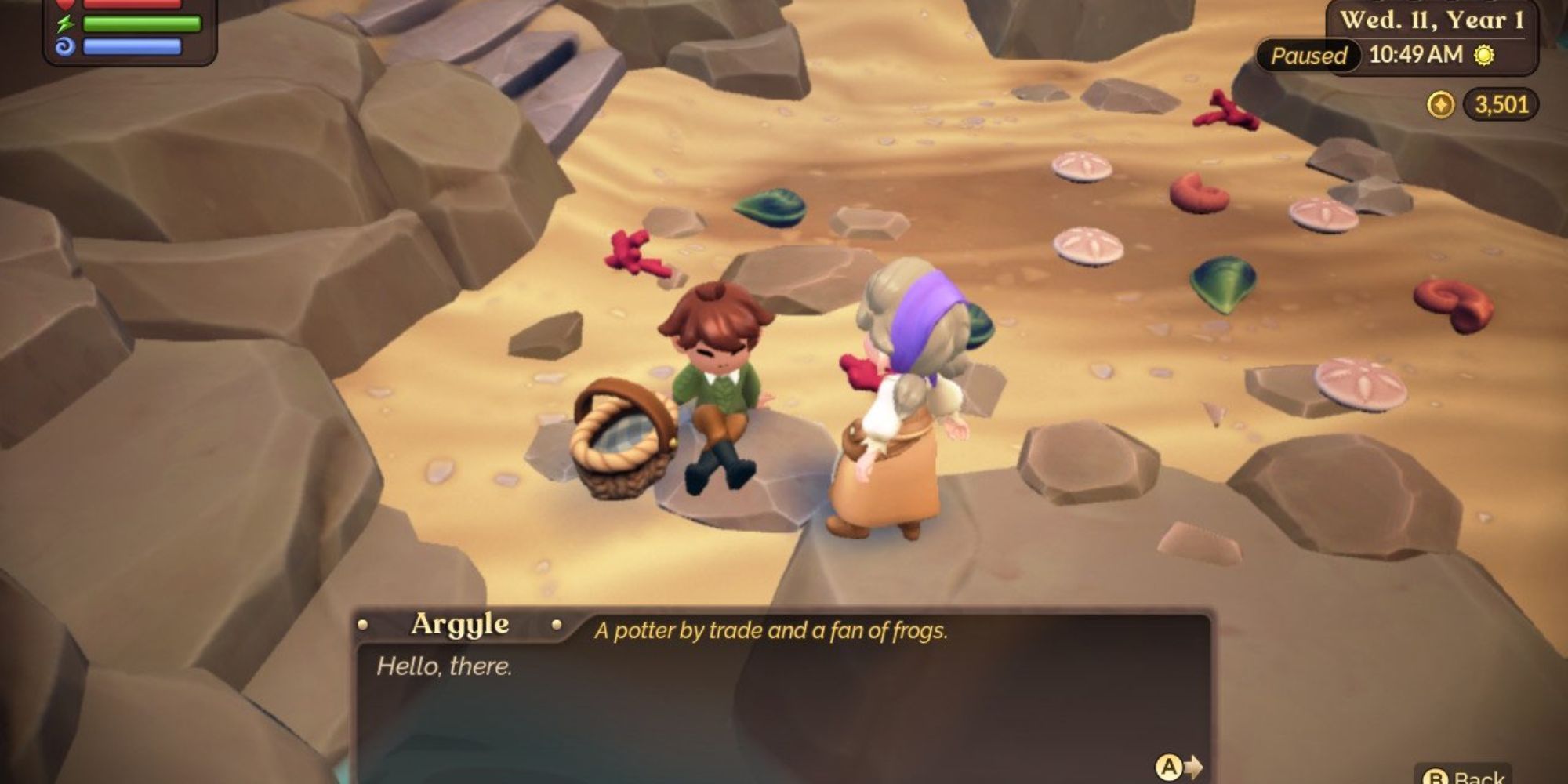 Fae Farm player speaking to Argyle on the beach