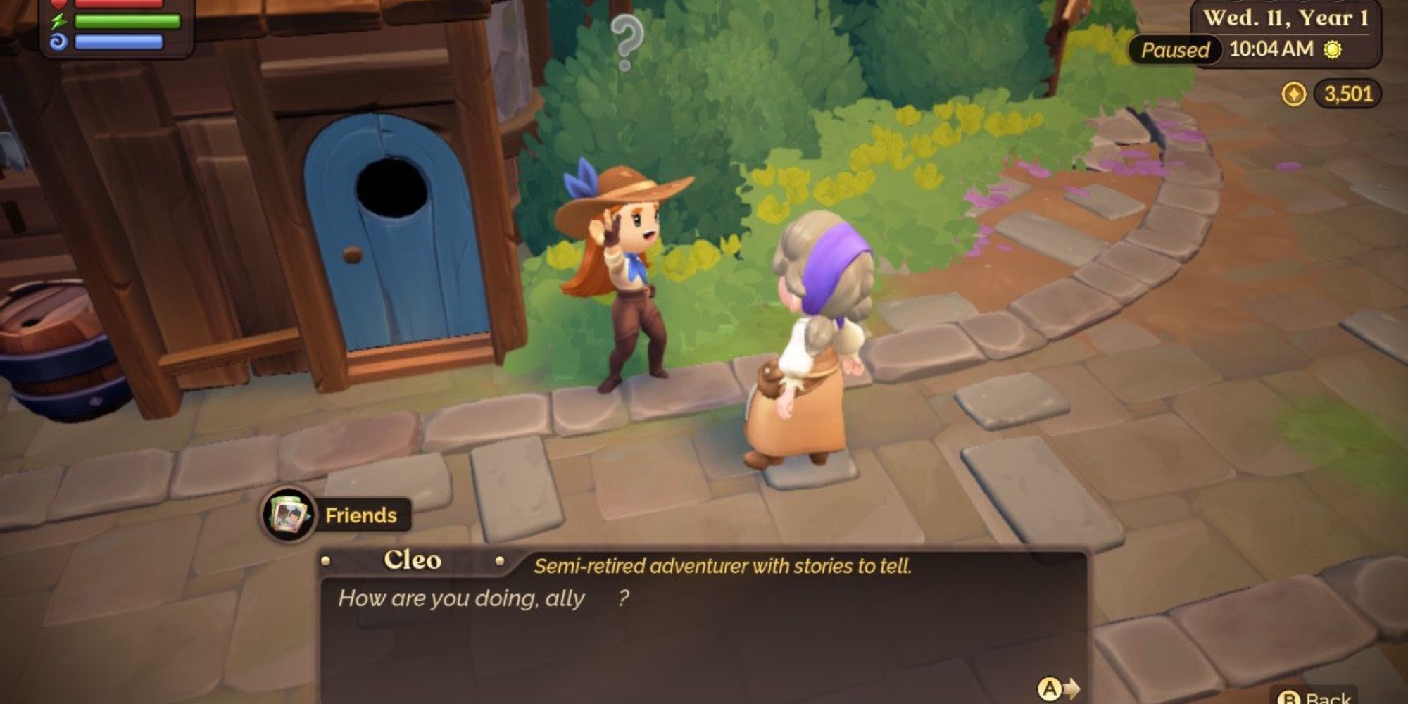 Fae Farm player speaking to Cleo outside in town