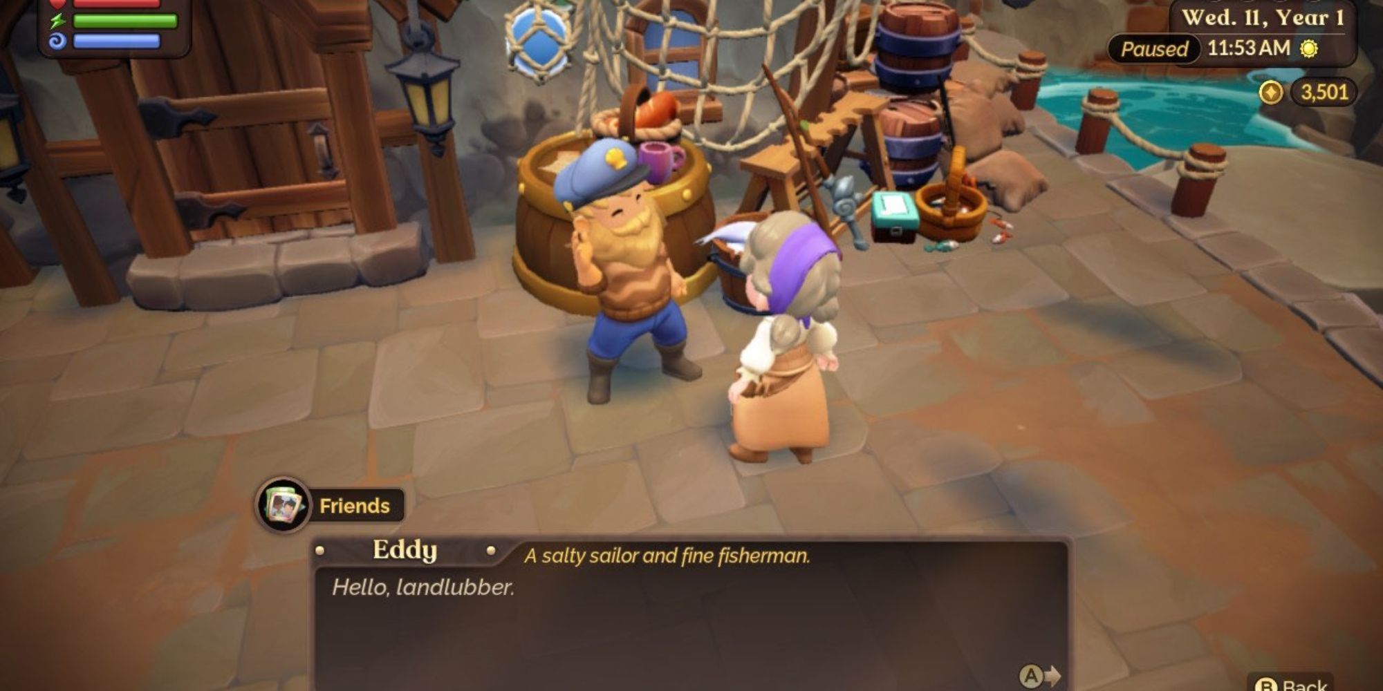 Fae Farm player speaking to Eddy at the Bay