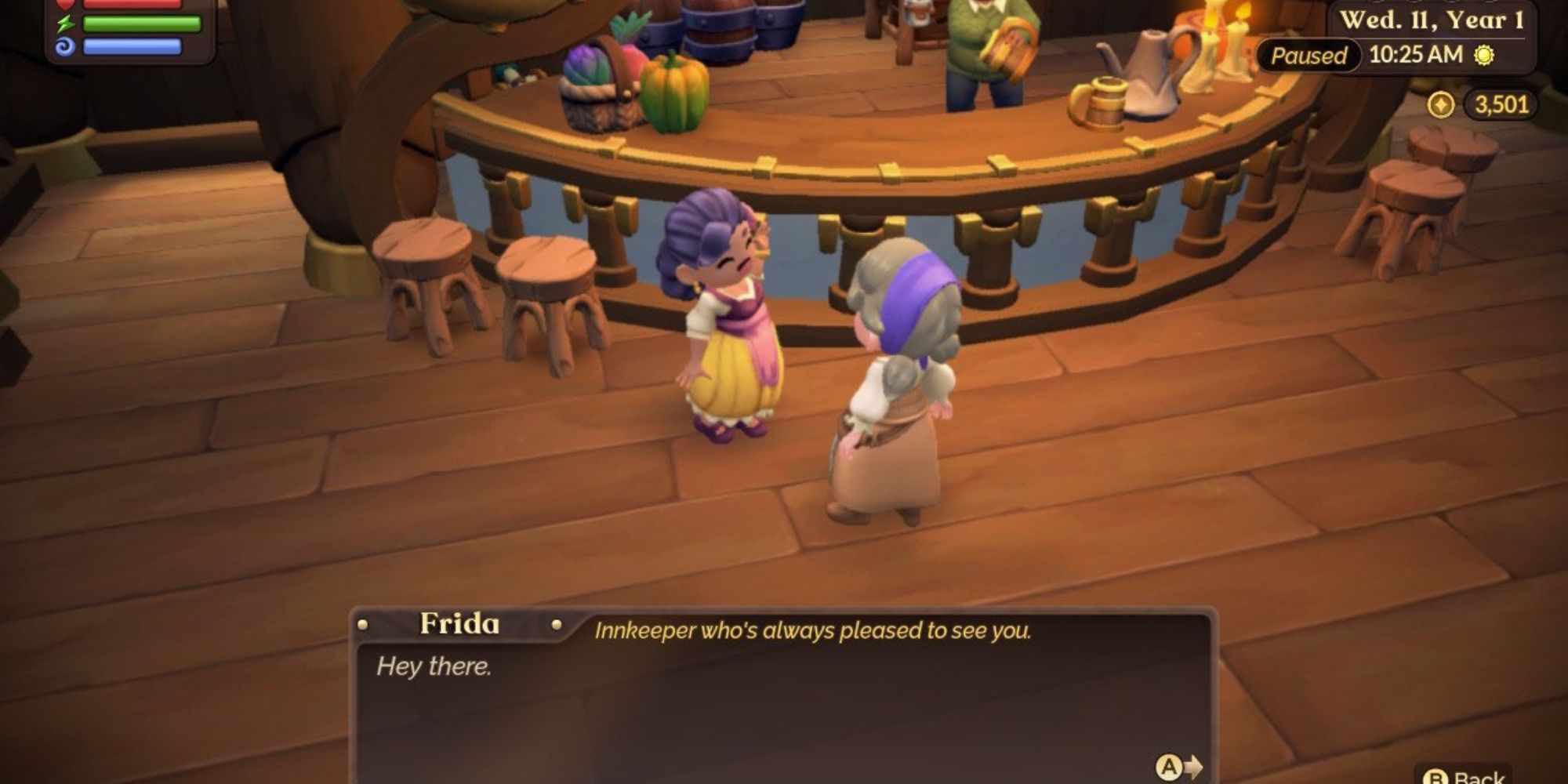 Fae Farm player speaking to Frida at the Inn