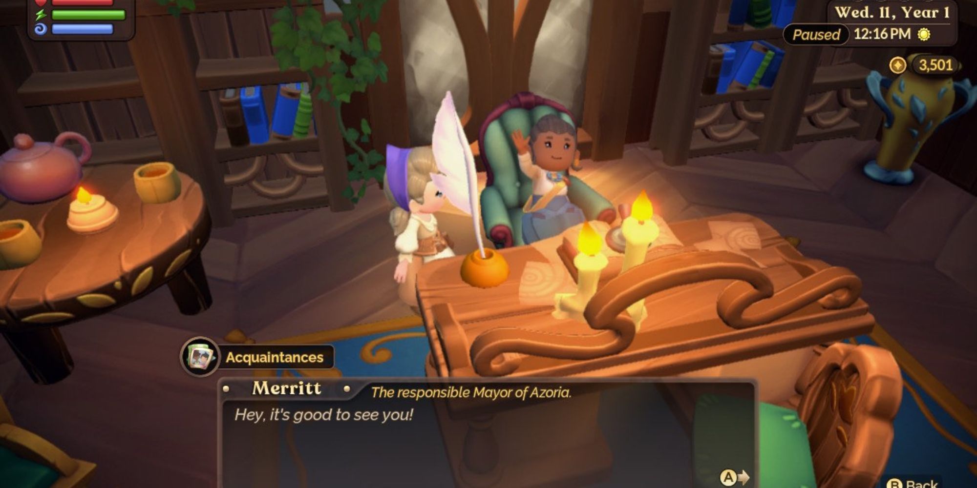 Fae Farm player speaking to Mayor Merritt at her desk