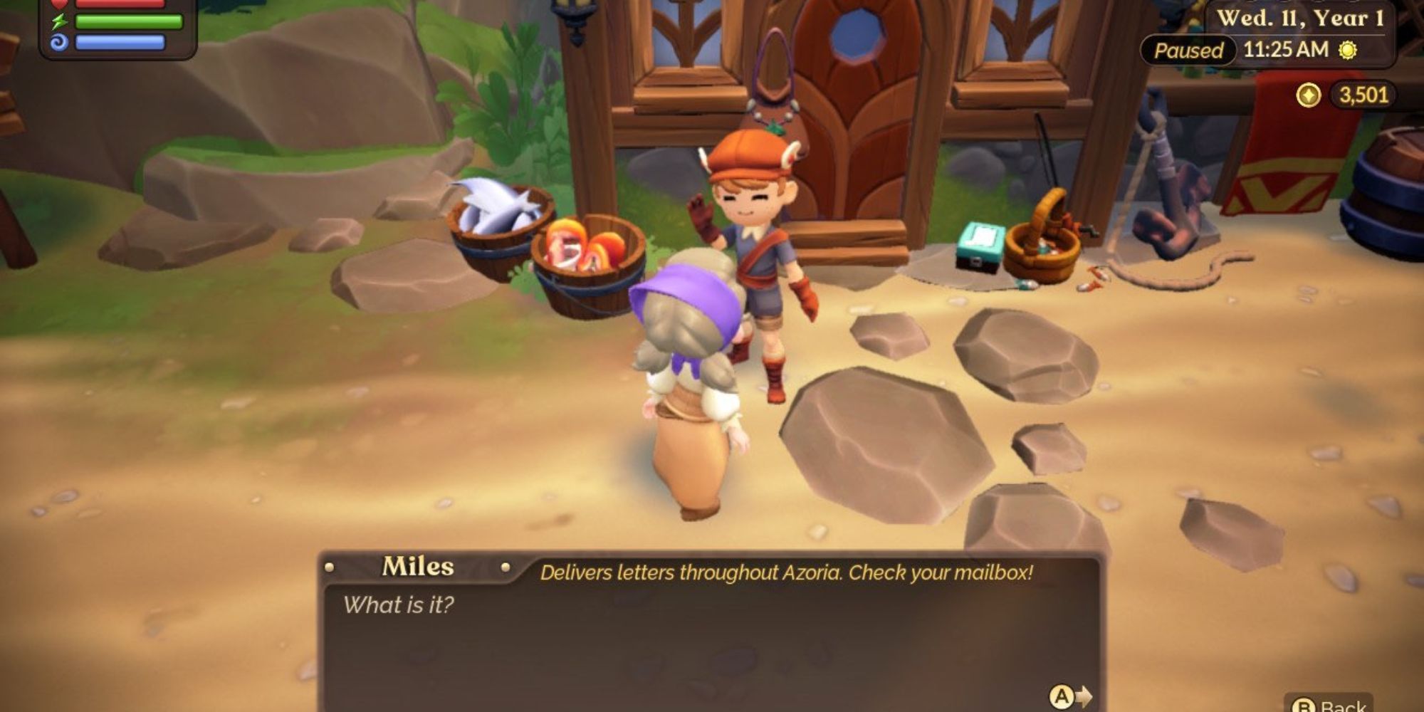 Fae Farm player talking to Miles outside his house at the beach