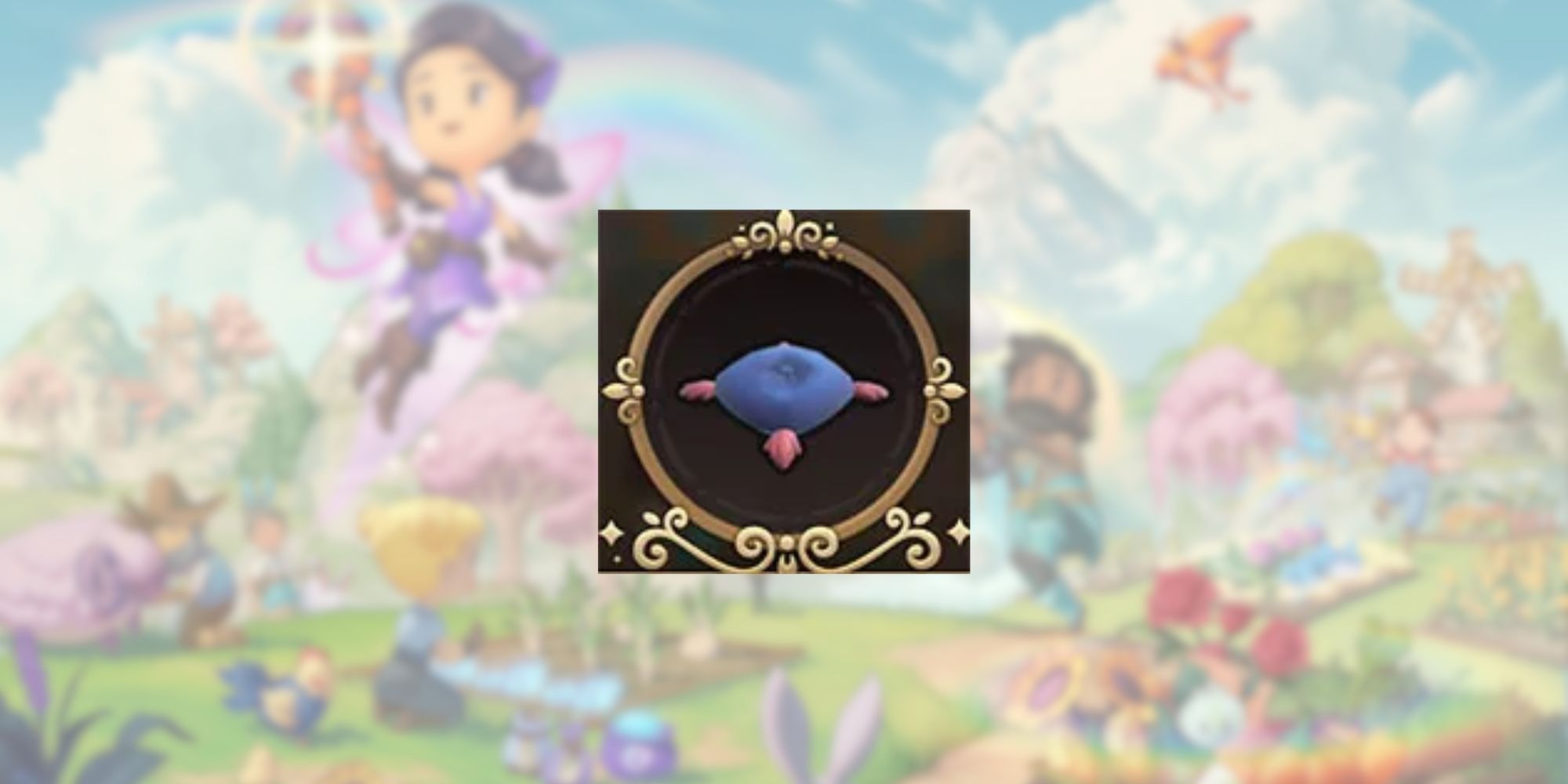 Fae Farm Floor Pillow in front of blurred title art