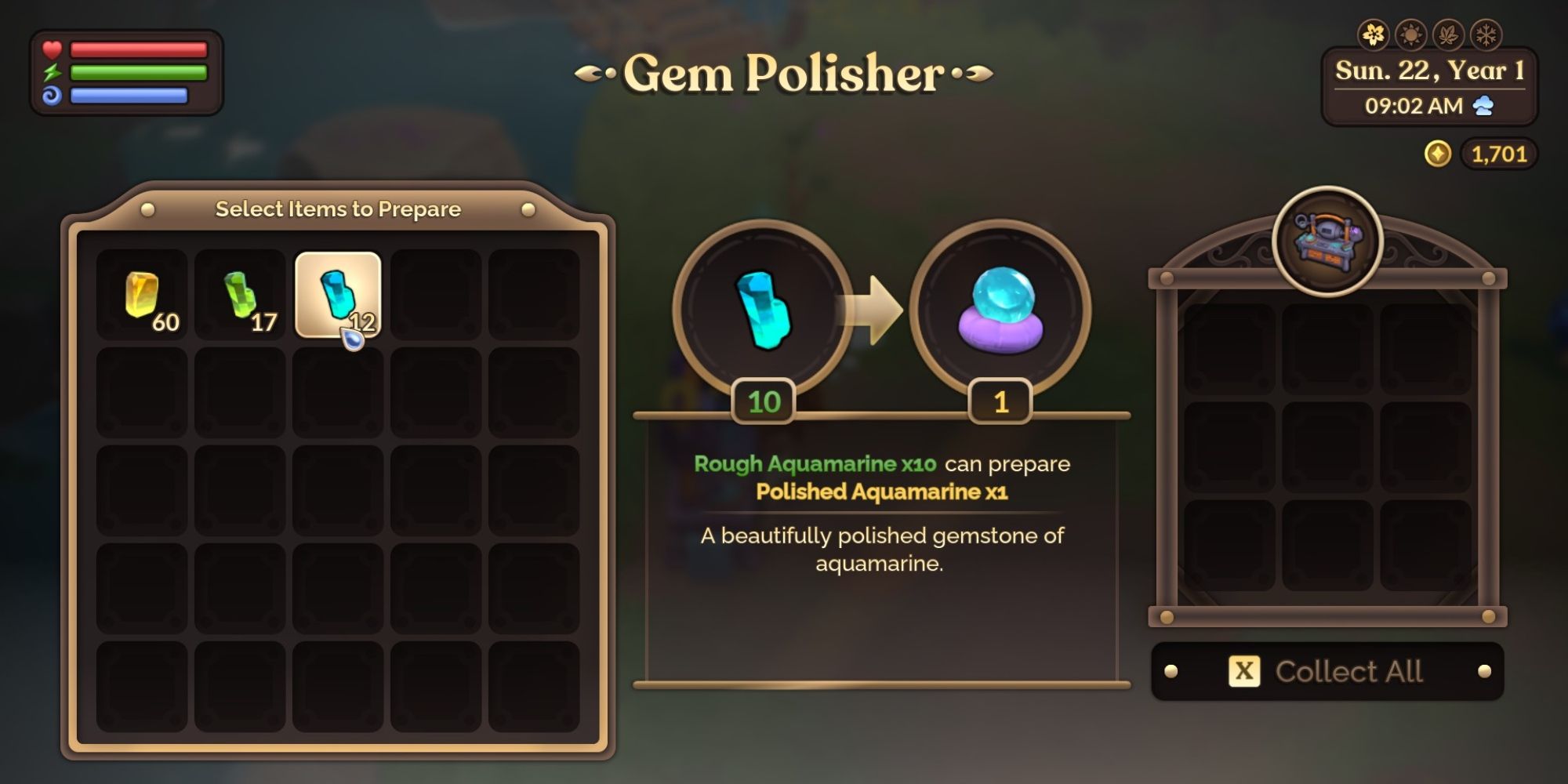 Fae Farm Gem Polisher Machine Menu