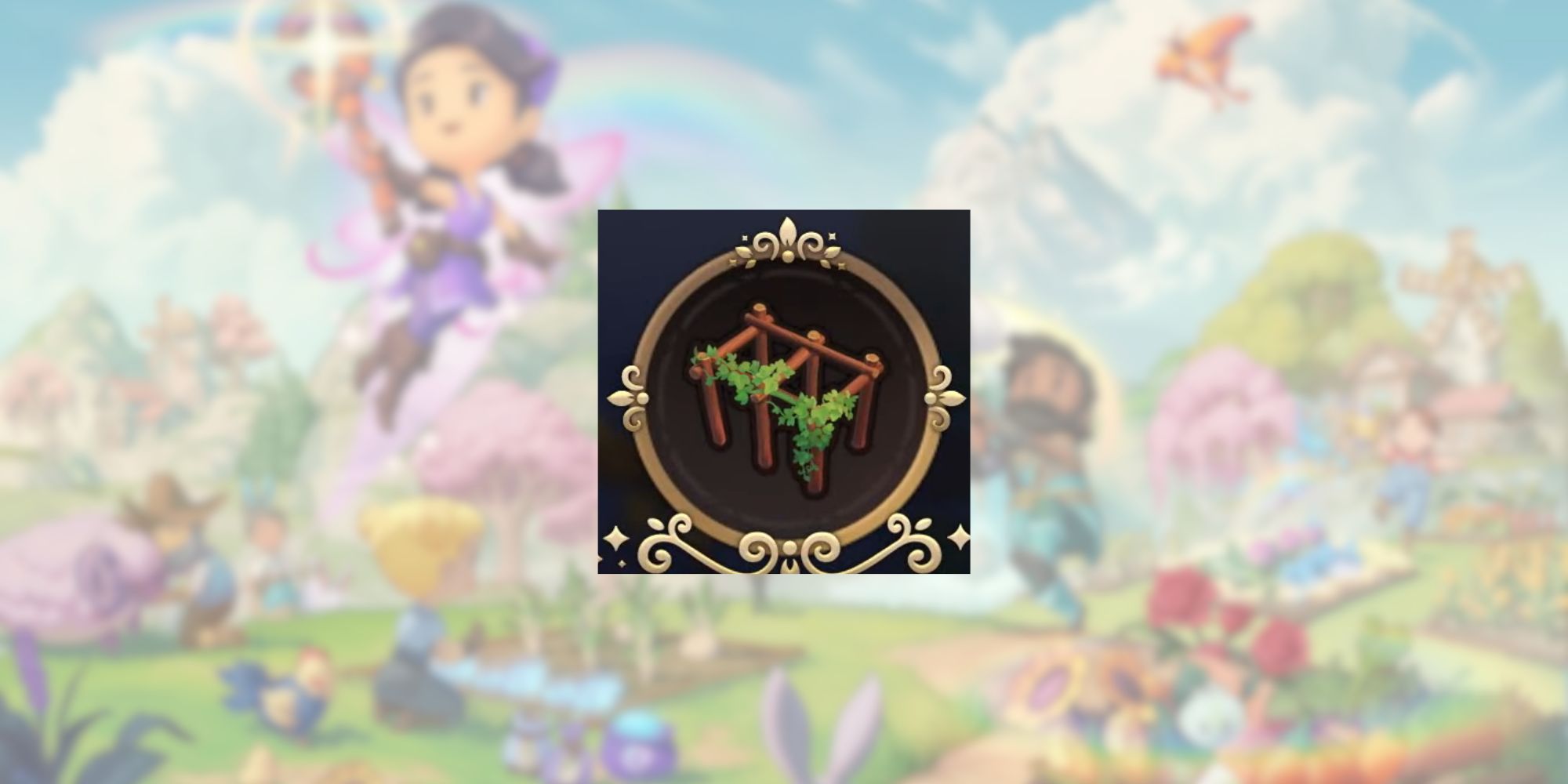 Fae Farm Pergola in front of blurred title art