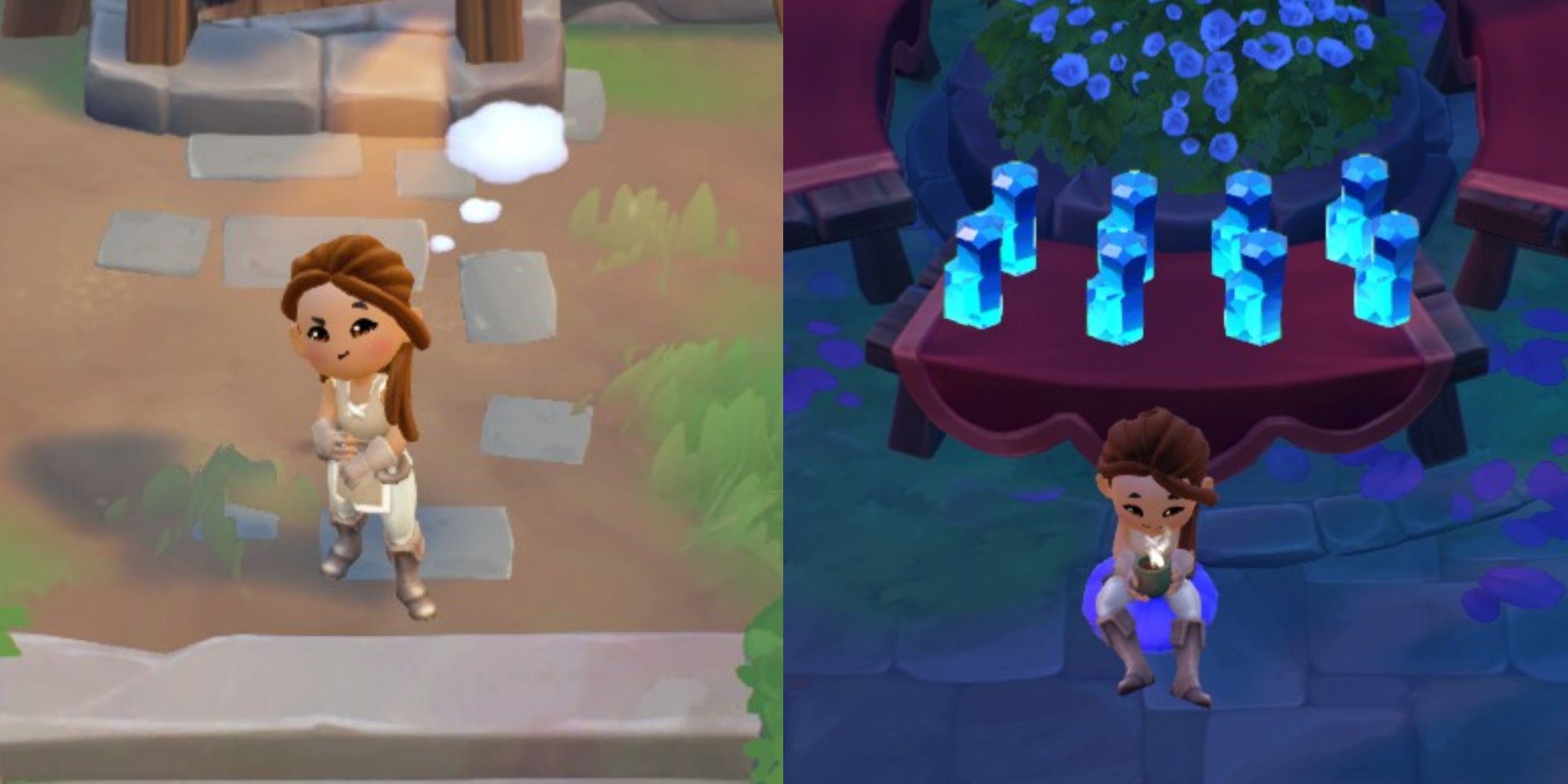 Fae Farm Player Thinking Emote and Player Sitting Next To Gems On Market Table