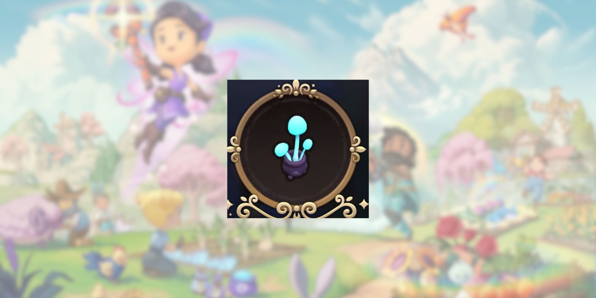 Fae Farm Potted Mushrooms in front of blurred title art