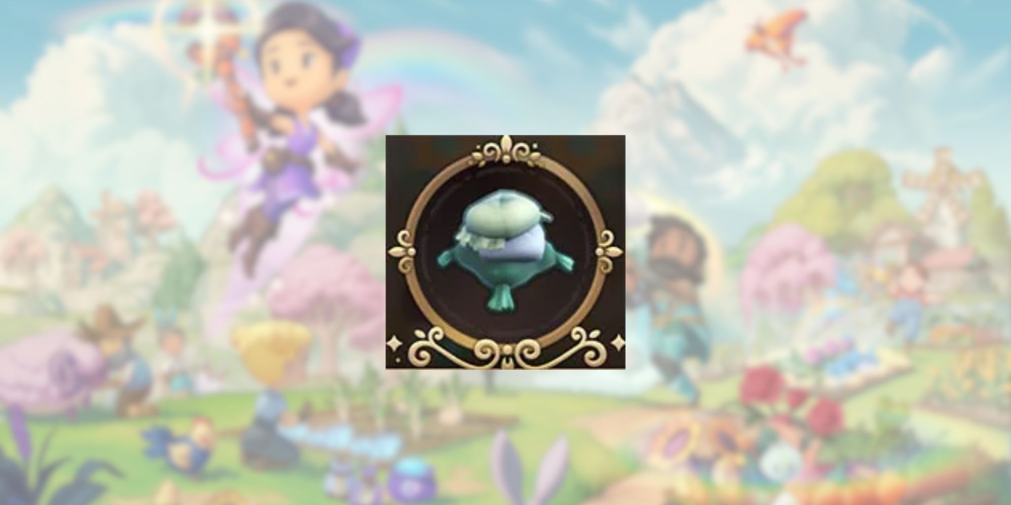Fae Farm Stack of Pillows in front of blurred title art