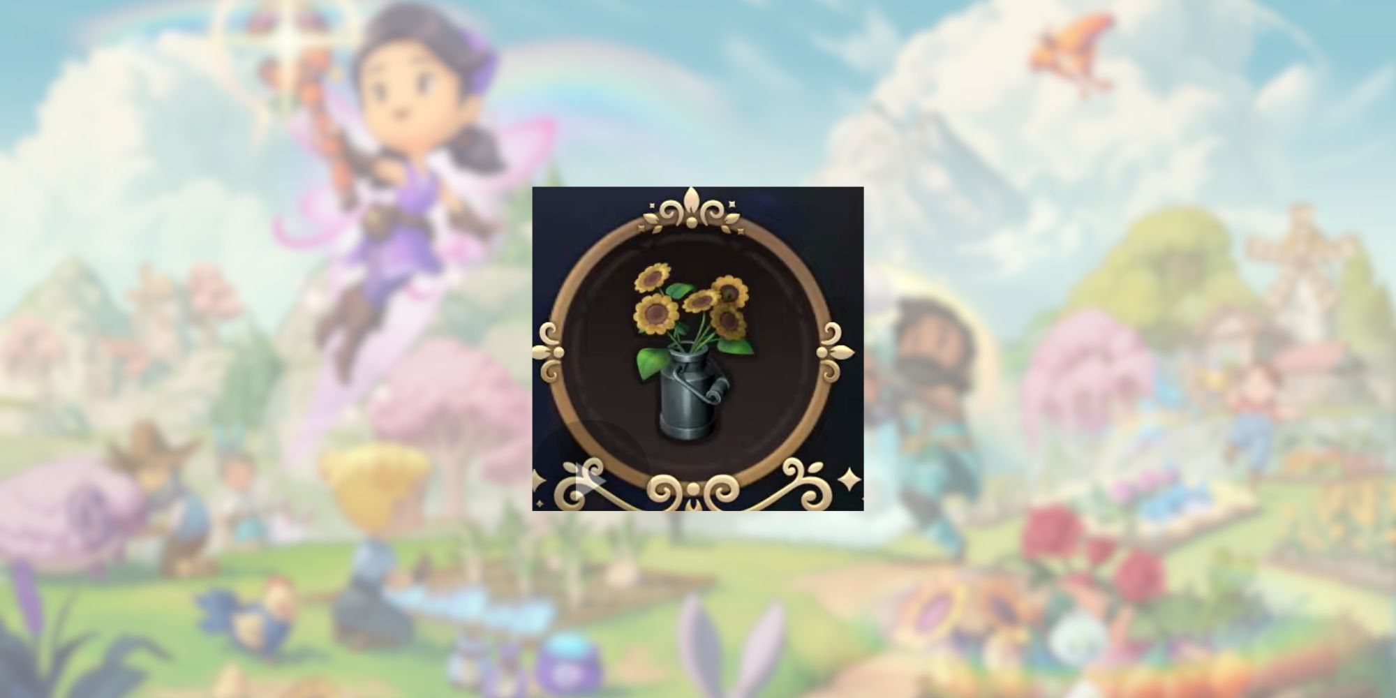 Fae Farm Sunflower Vase in front of blurred title art