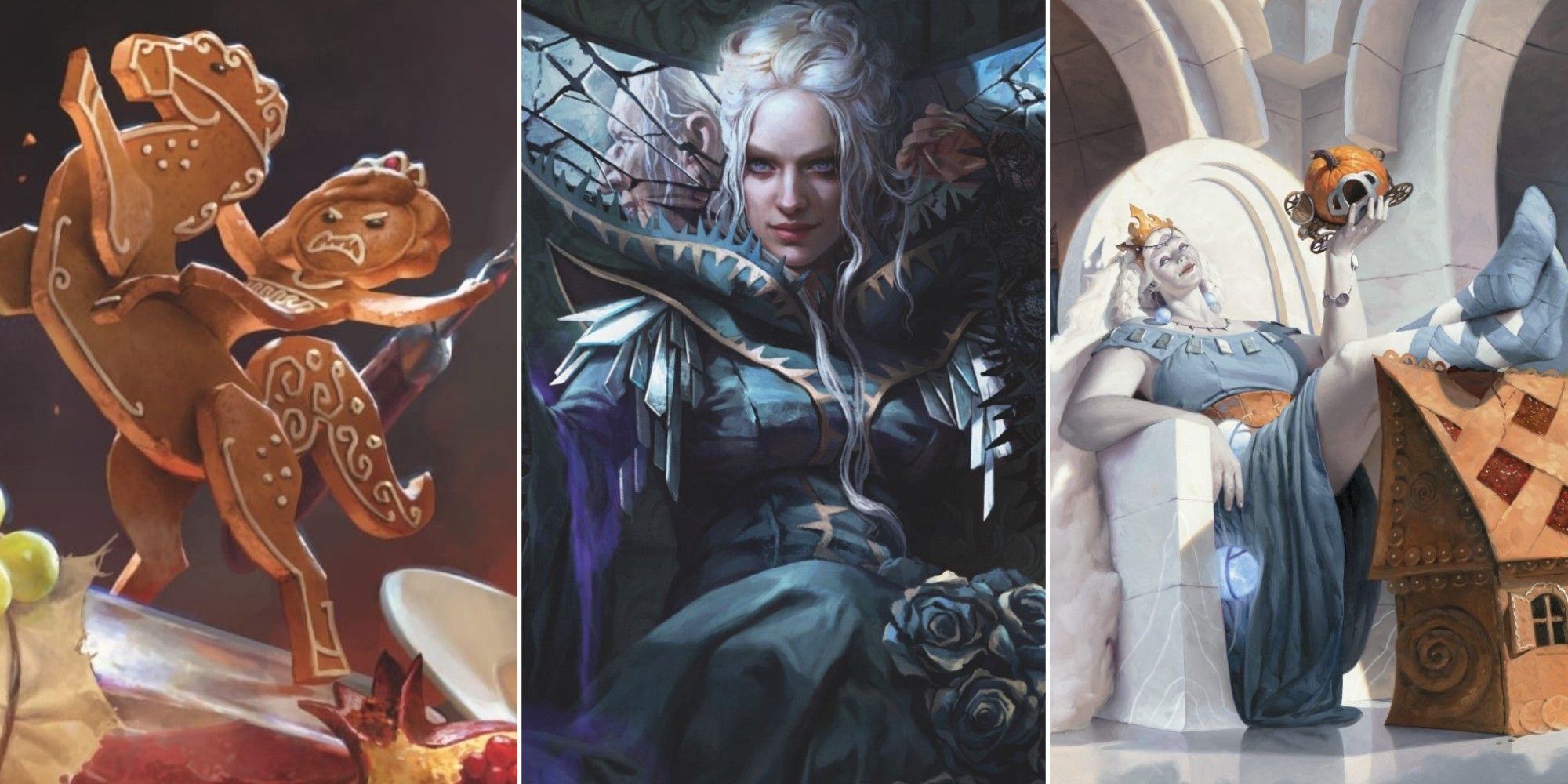 Artwork from three different legendary creatures from Magic: The Gathering's Wilds of Eldraine expansion