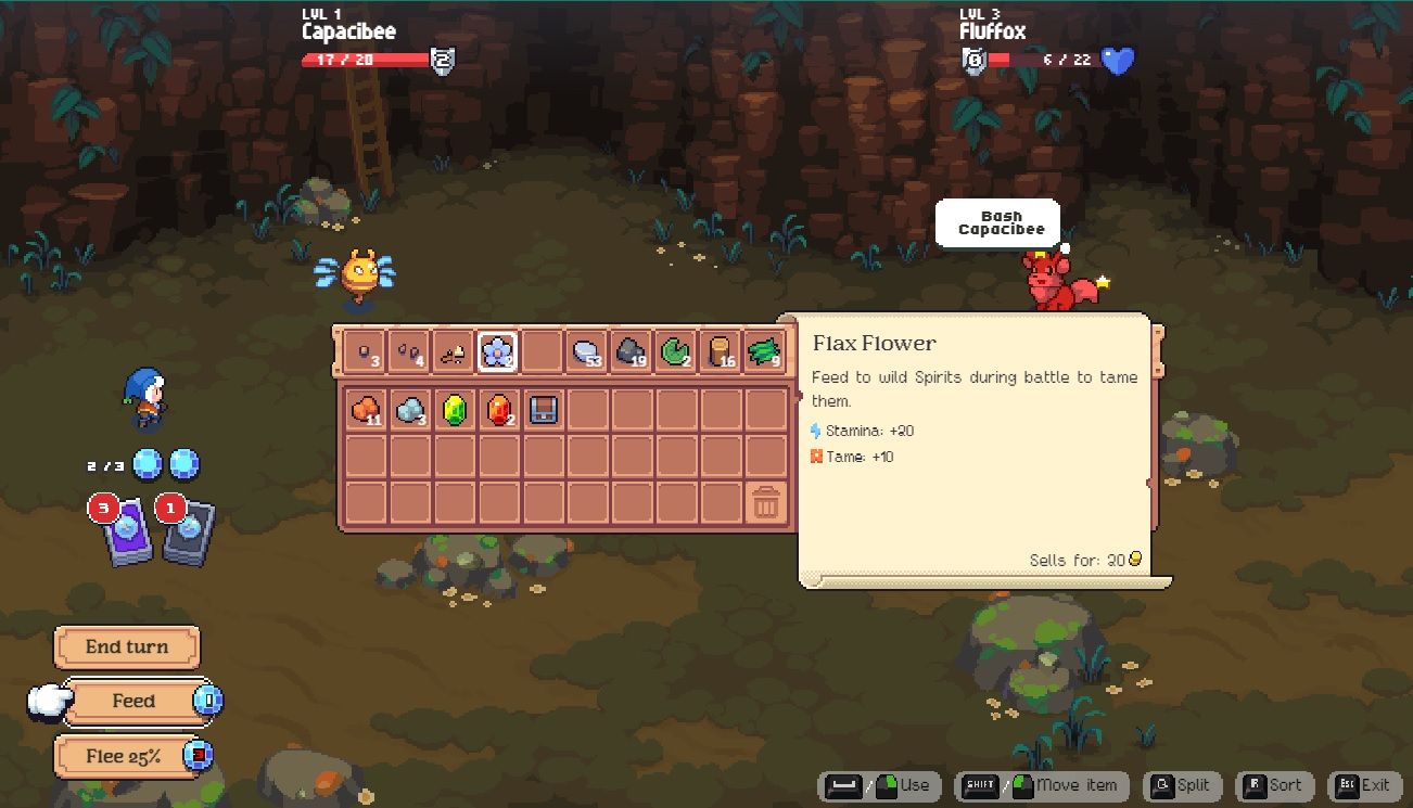 Player character in a battle against a wild Fluffox in a mine with the Feed inventory open and selecting a Flax Flower to feed to it in Moonstone Island. 