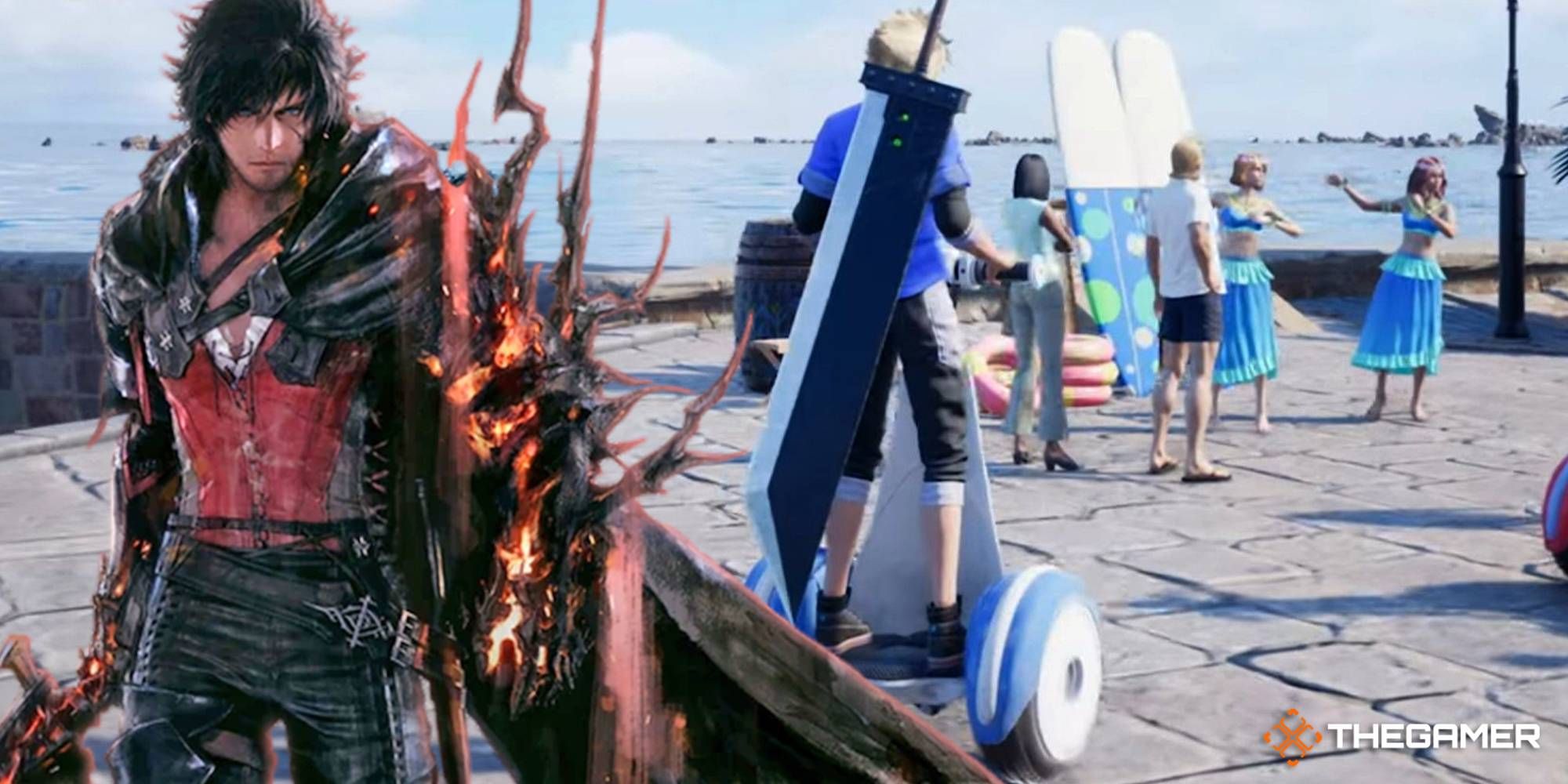 FF16 protagonist Clive brooding beside FF7 protagonist Cloud on a Segway