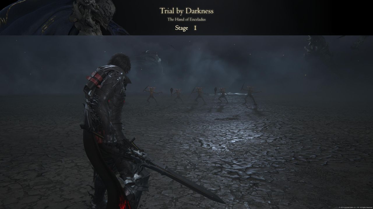 A group of enemies standing in the arena for stage one of Odin's trial.