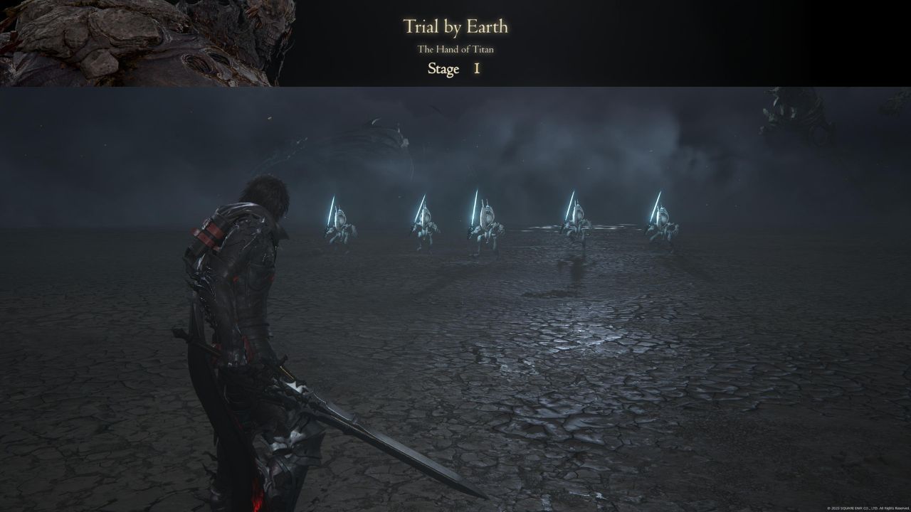 A group of enemies standing in the arena for stage one of Titan's trial.