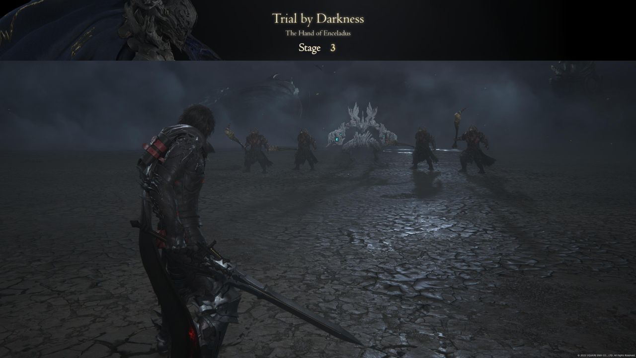 A group of enemies standing in the arena for stage three of Odin's trial.