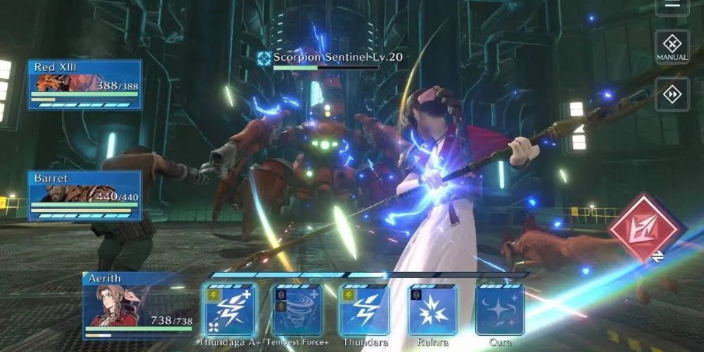 Final-Fantasy-7-Ever-Crisis-Aerith casting a lightning spell at an enemy