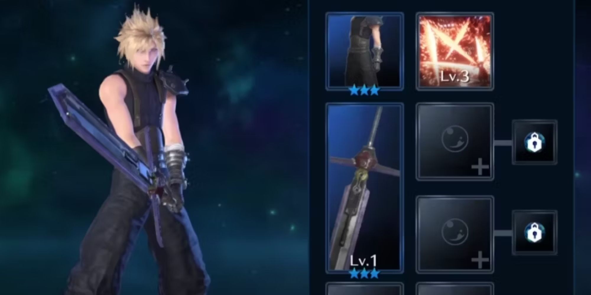 Final Fantasy 7 Ever Crisis Cloud with Mythril Saber equipment screen