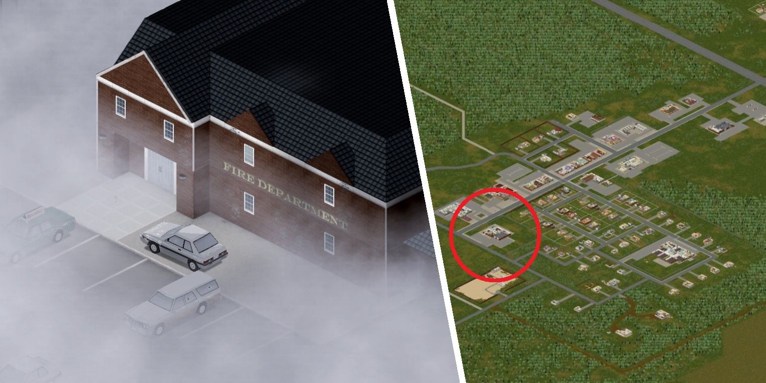 Split image of a Fire Station and Rosewood from Project Zomboid