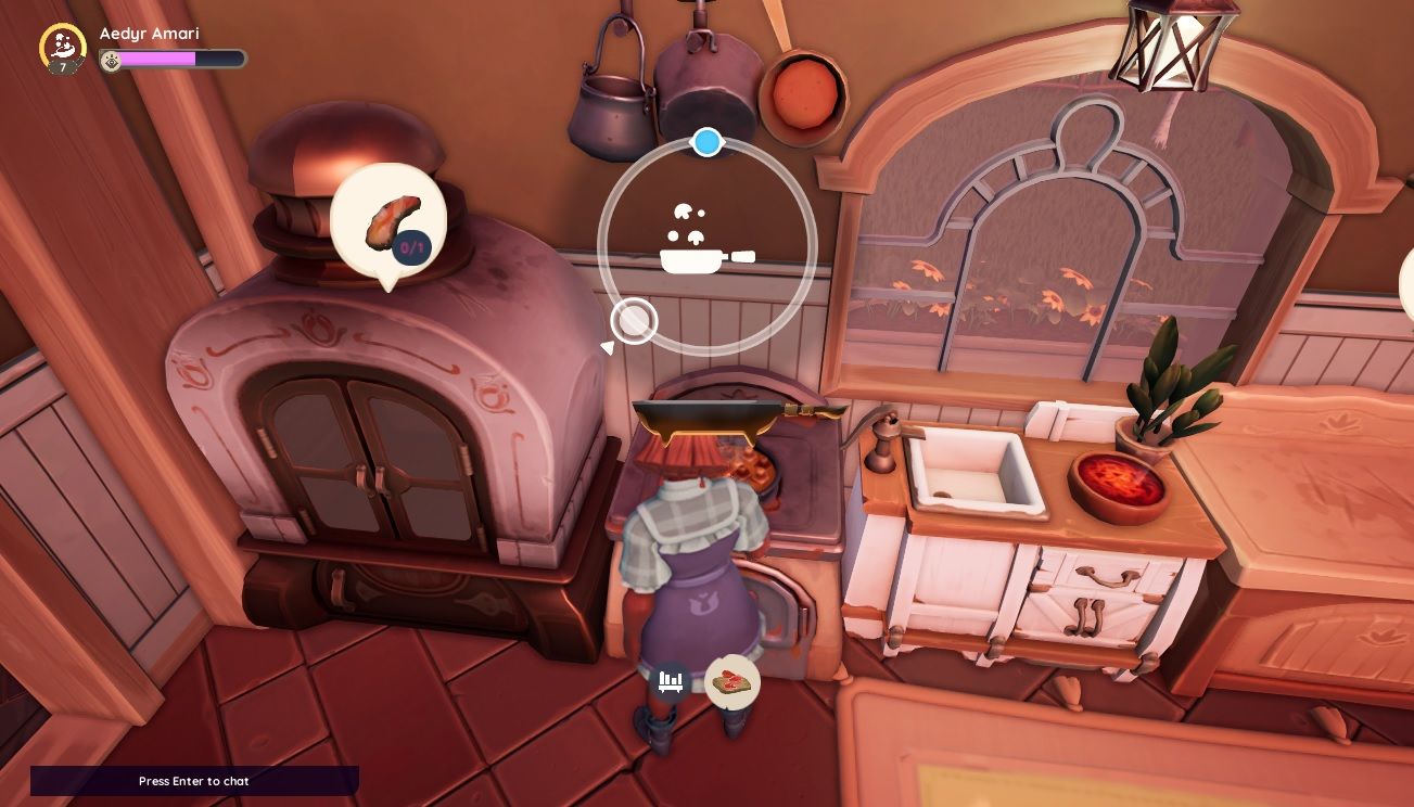 Player character during the flipping minigame while cooking, showing the circular bar UI, in Palia. 