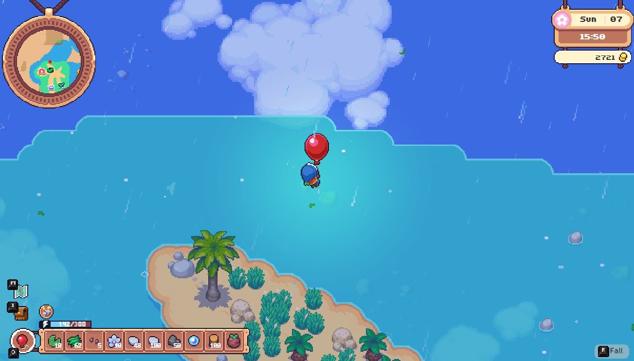 Player character with a Balloon equipped and flying away from a beach island with water surrounding it towards the open sky in Moonstone Island.