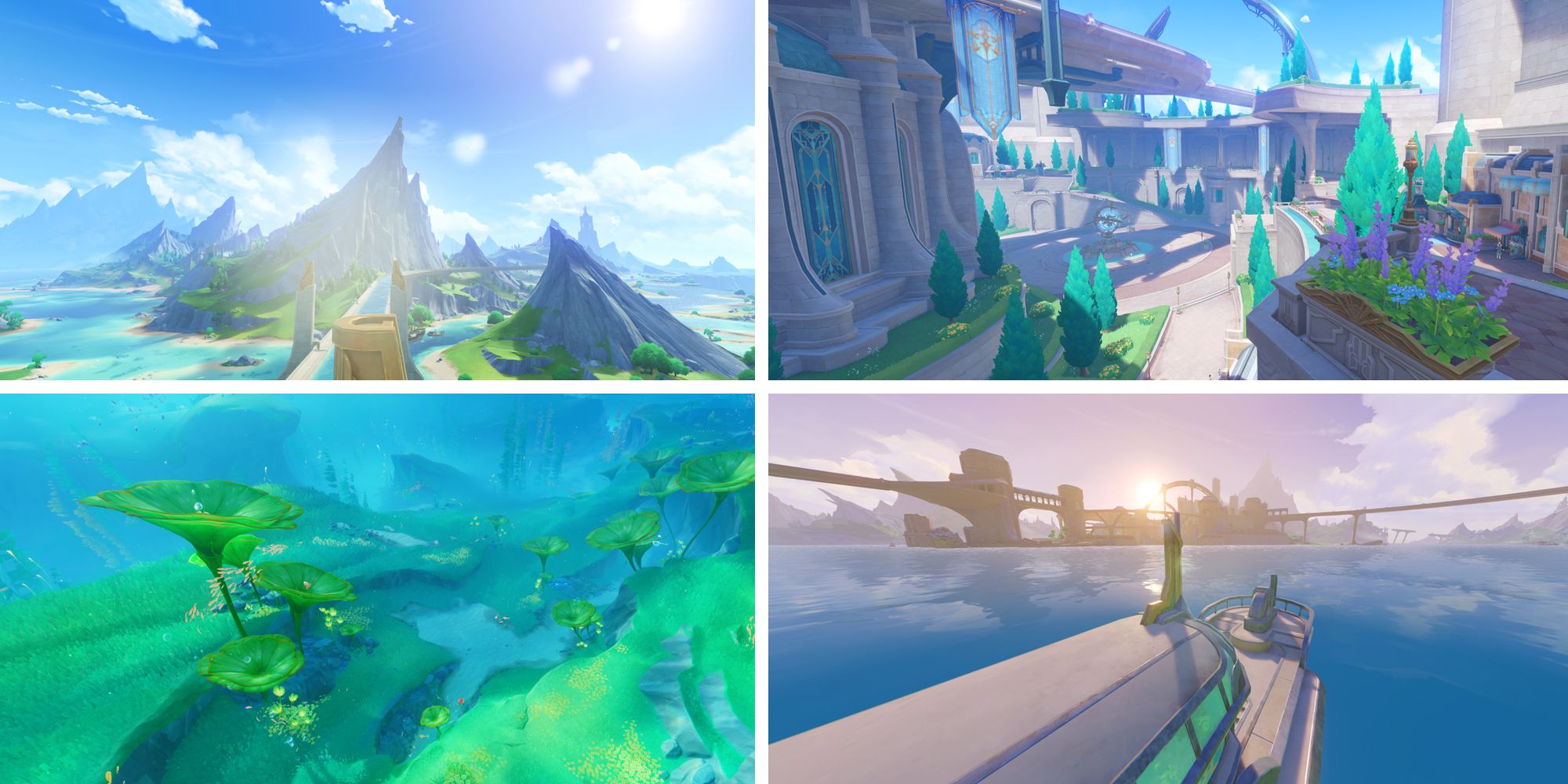 Four panel image of different Fontaine sceneries