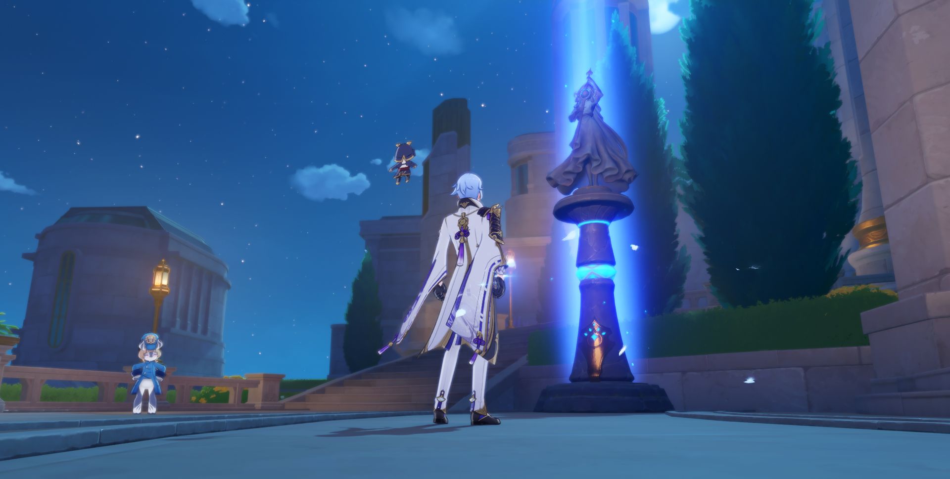 Player character (Ayato) standing in front of a Fontaine Statue of the Seven, one of the ways to obtain Shrine keys