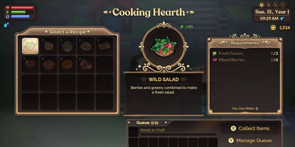 Food menu screen showing recipes in Fae Farm