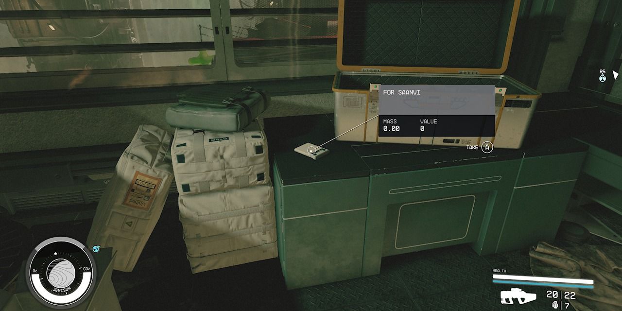 An open container next to a slate titled For Sanvi in Starfield