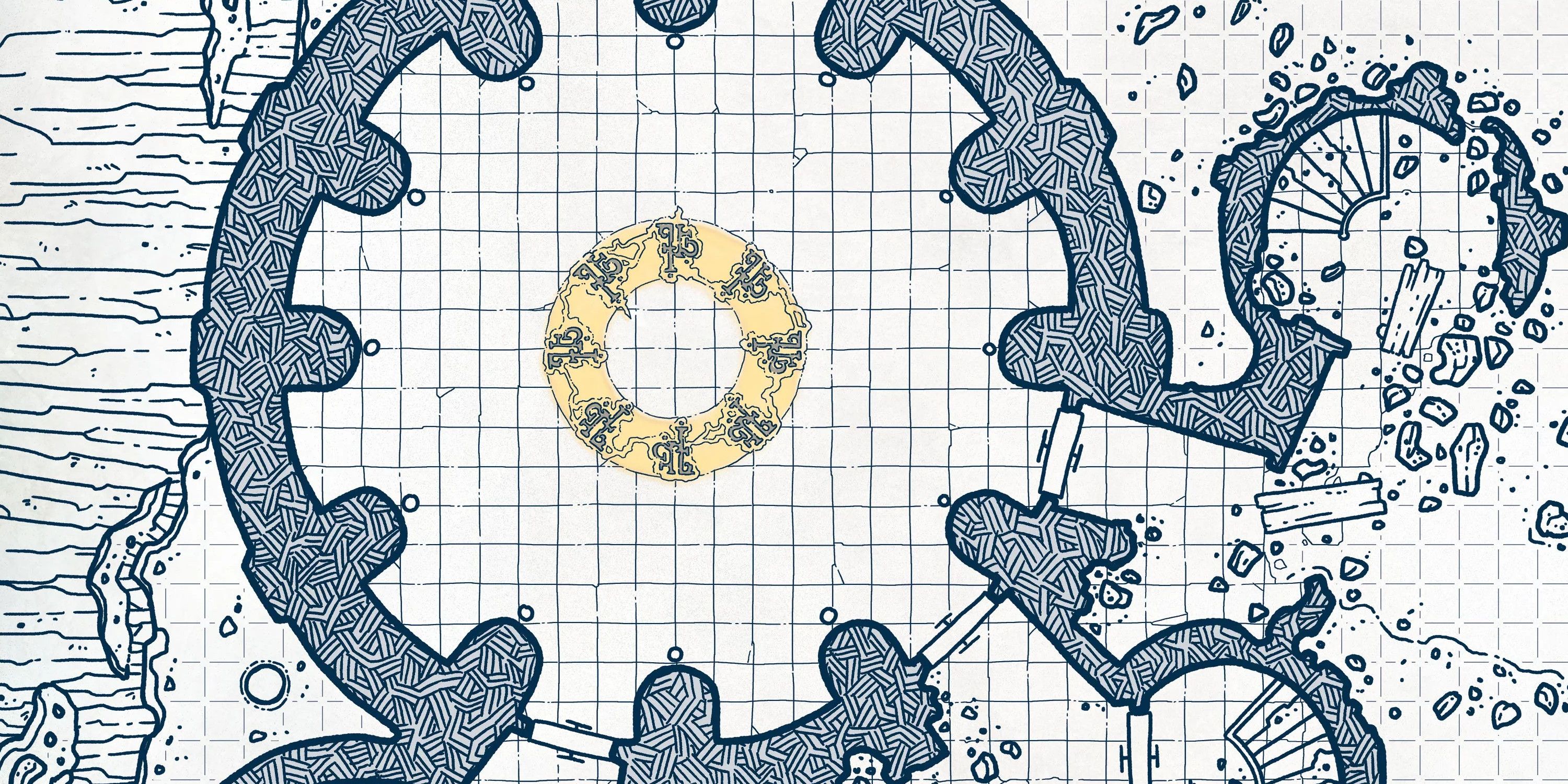 A pencil sketch style grid map of a fortress under the sea. Mystical runes are arranged in the center of a large, circular room.