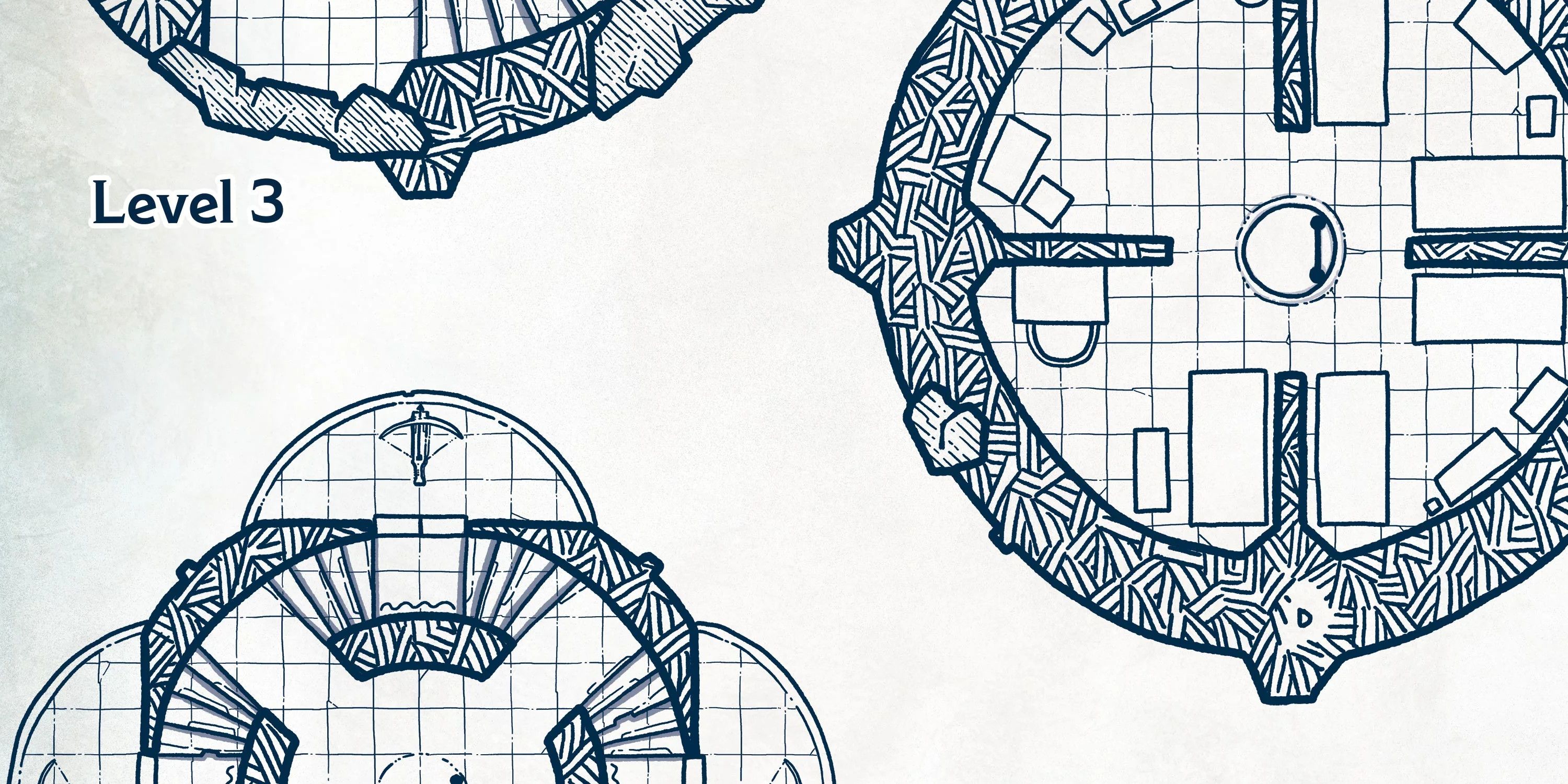 A pencil-sketch style grid map depicting a cross-section of different levels of a tower.