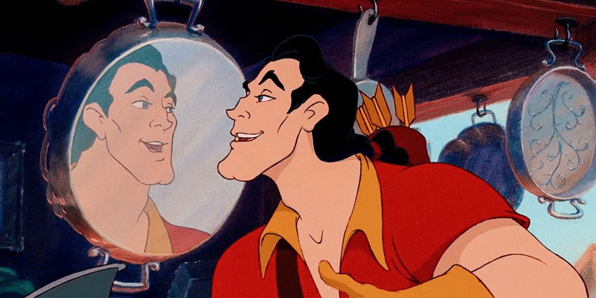 Gaston looking at himself in a mirror in Beauty and the Beast