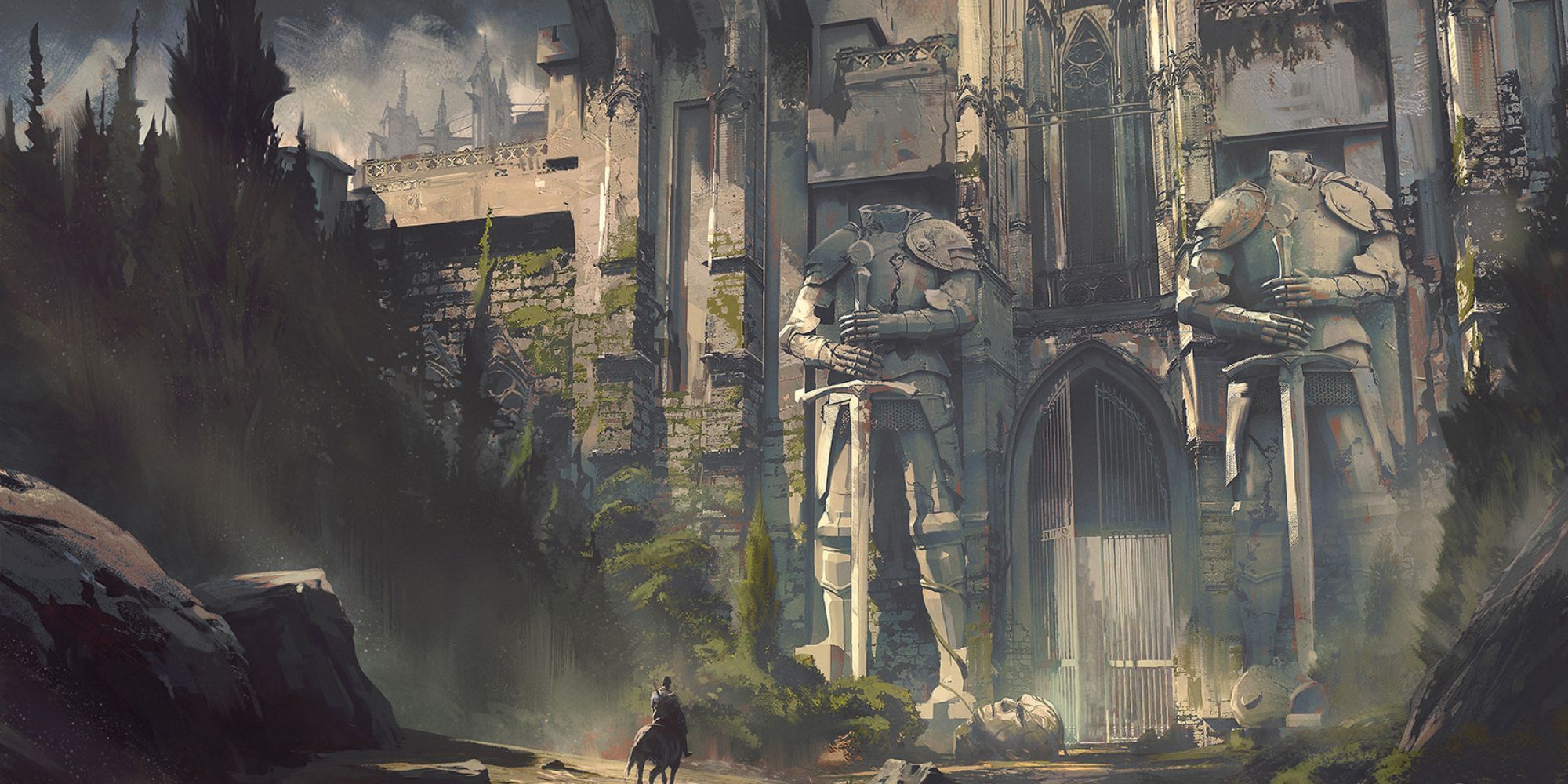 An adventurer on a horse approaching the gates of Barovia where two crumbled knight statues stand by the gate