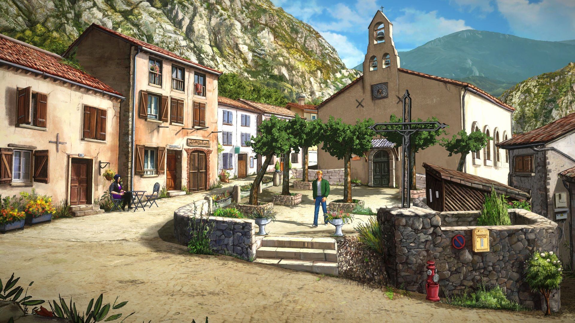 George and Nico in a small town square in Broken Sword Parzival's Stone.