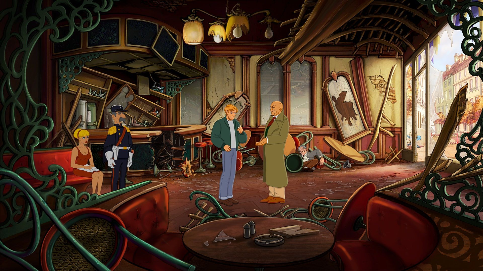 George and the other characters inside the cafe after the bomb detonated in Broken Sword Reforged.