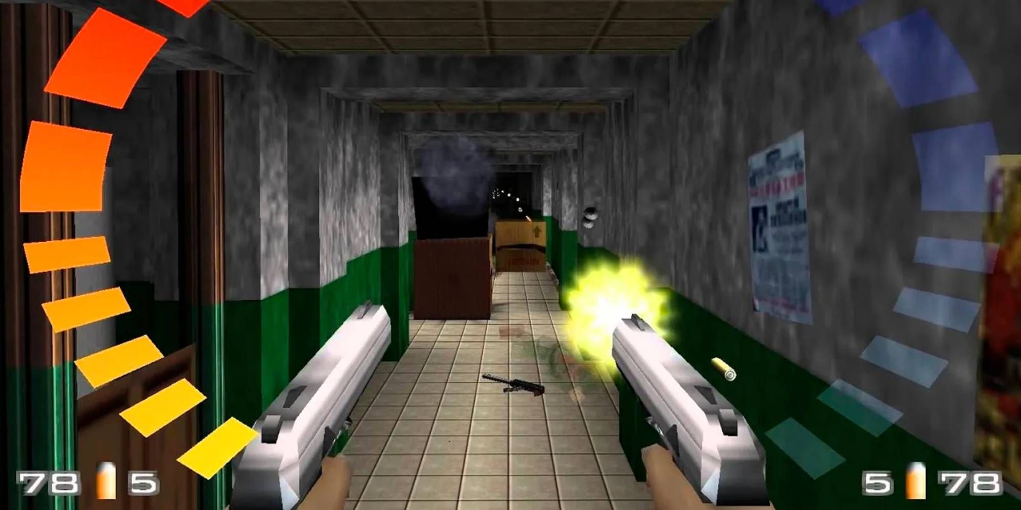 Bond holding two pistols shooting down a hallway