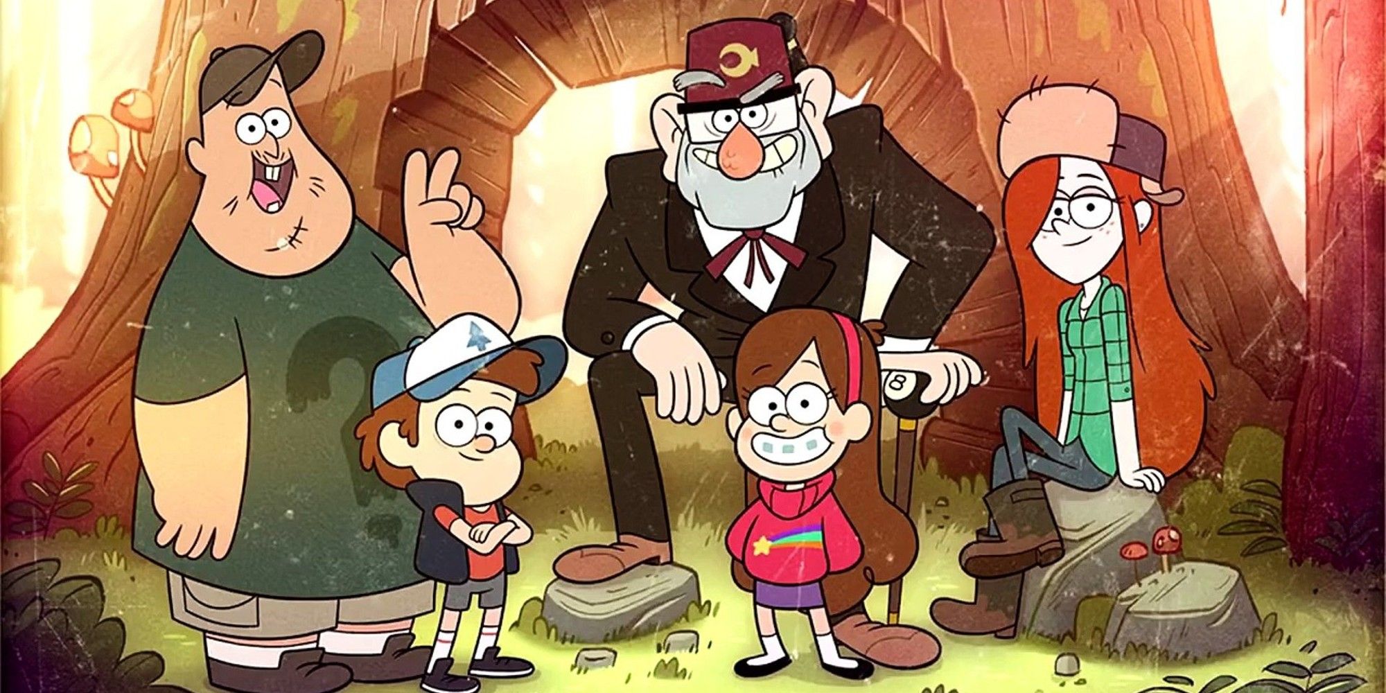 The cast of Gravity Falls with twins Dipper and Mabel in the middle